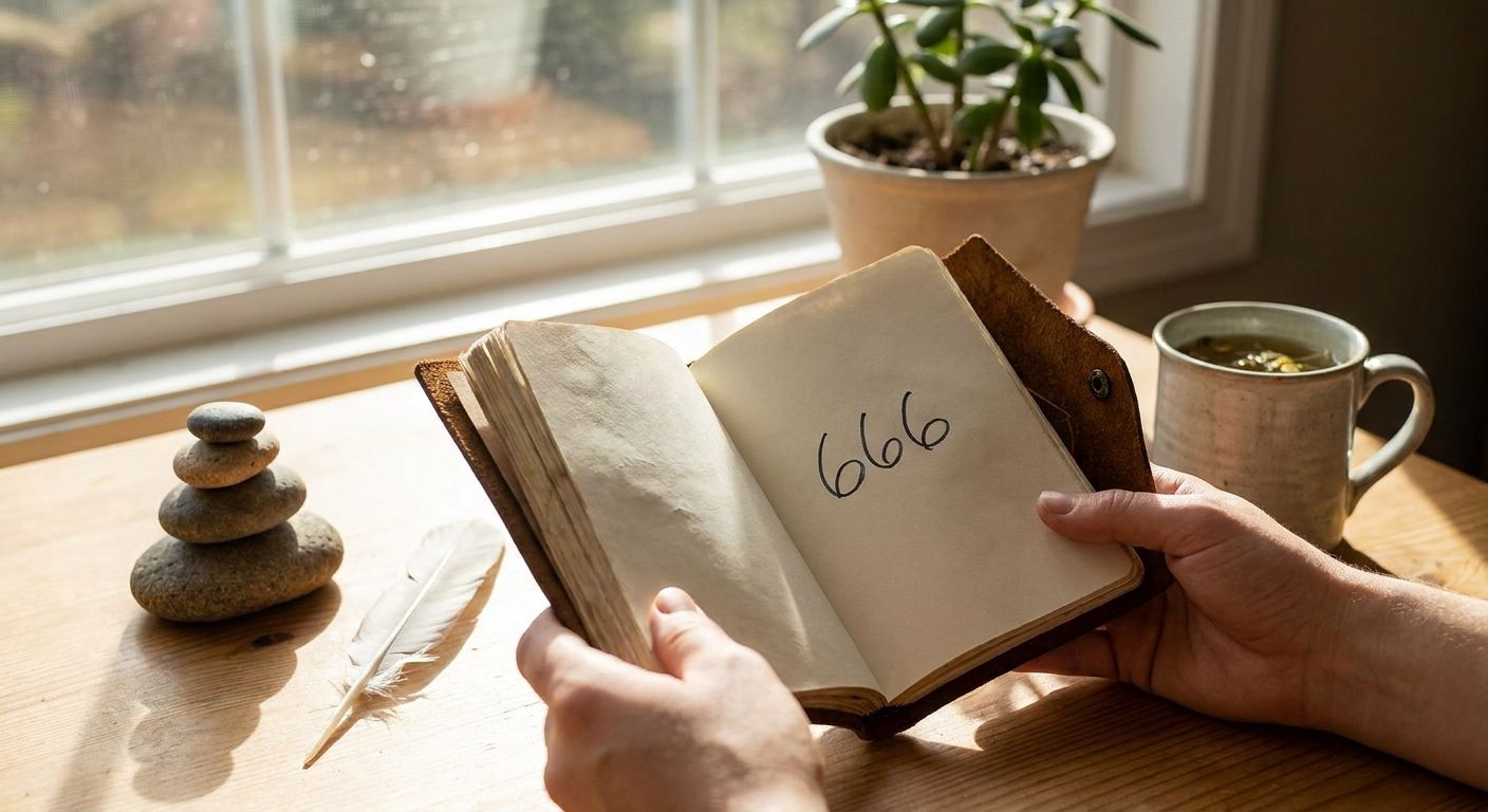Hands holding an open notebook marked 666 beside tea and stacked stones