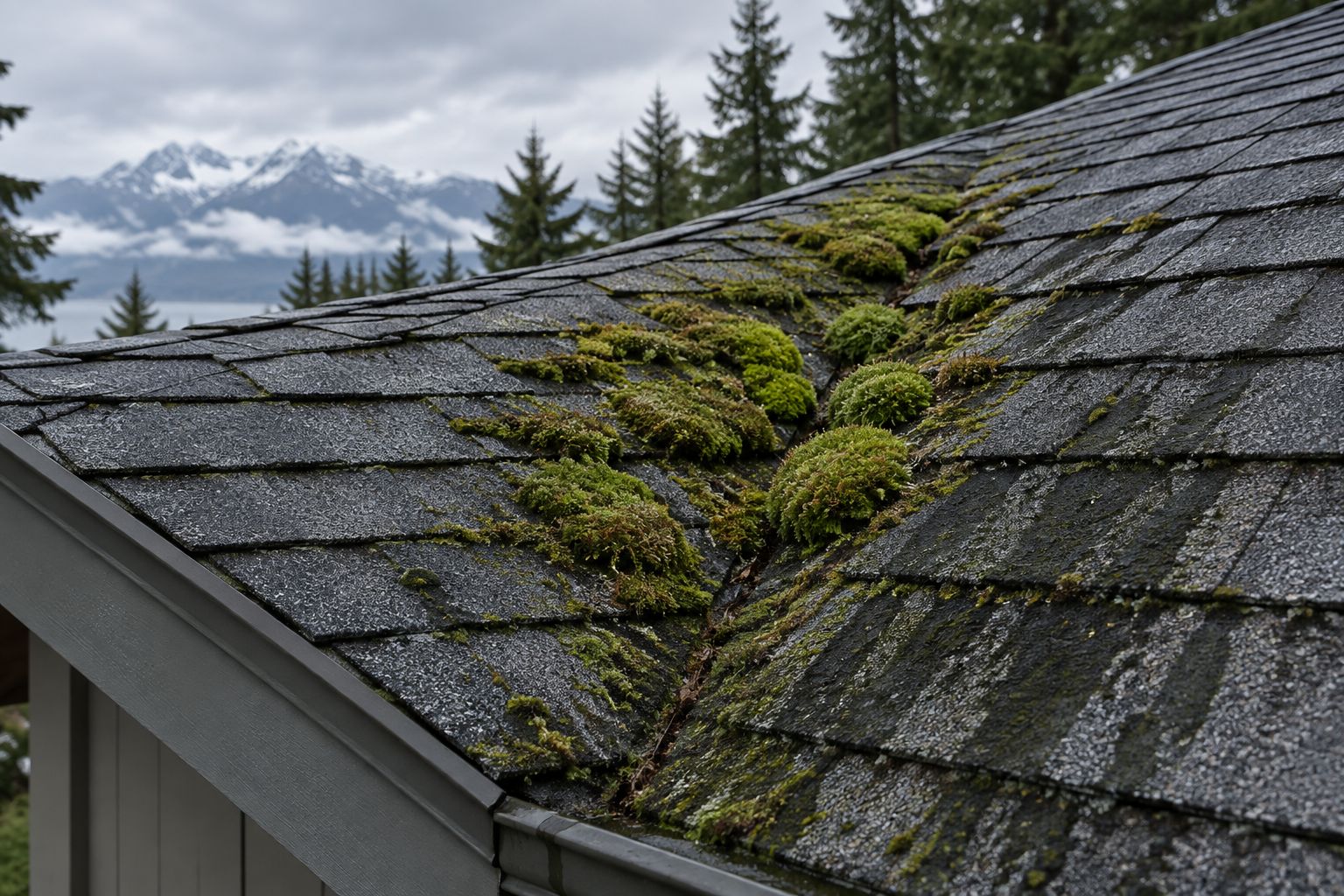 Moss and algae buildup on an asphalt shingle roof valley