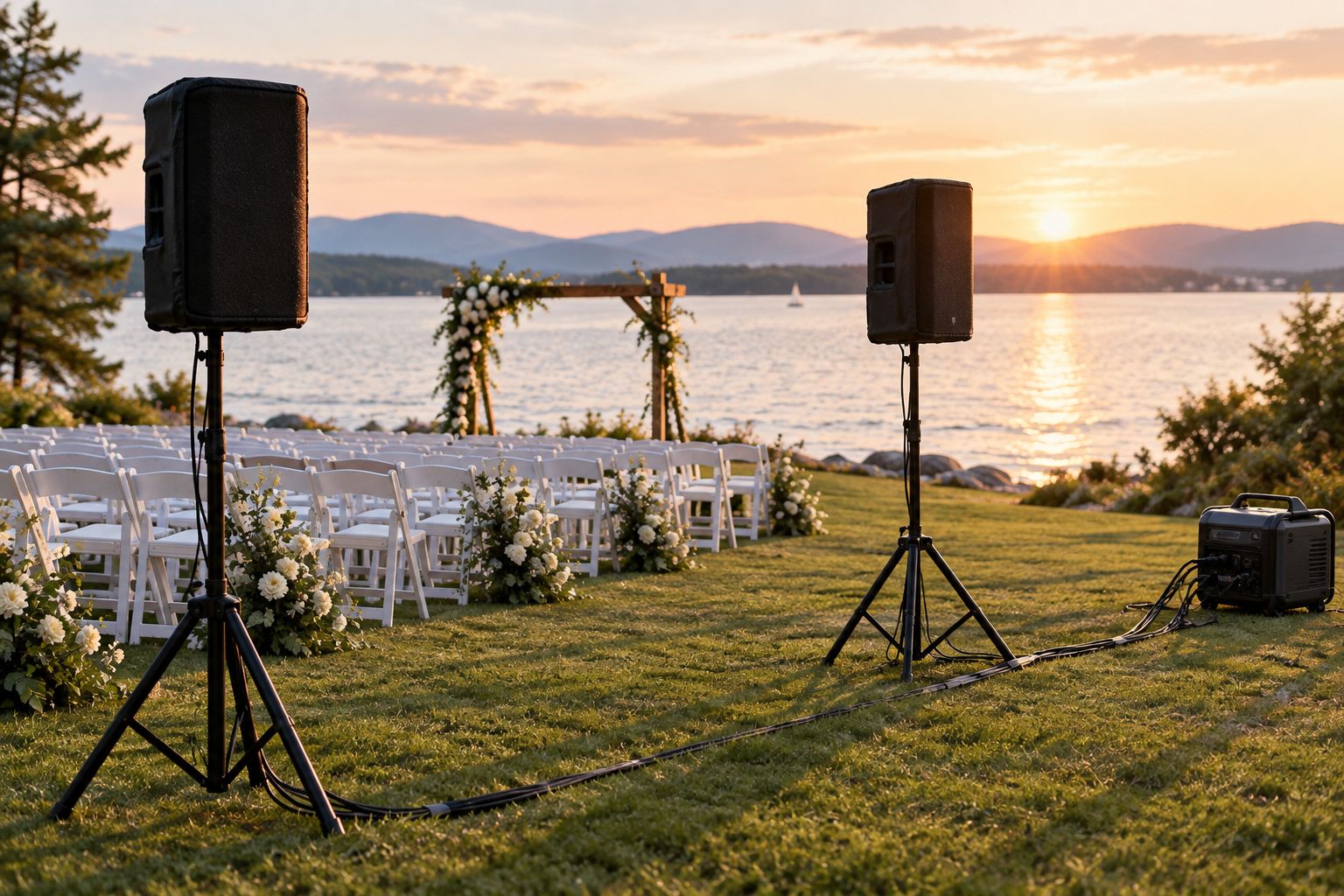Weatherproof speakers set up on a lakeside lawn for an outdoor wedding ceremony