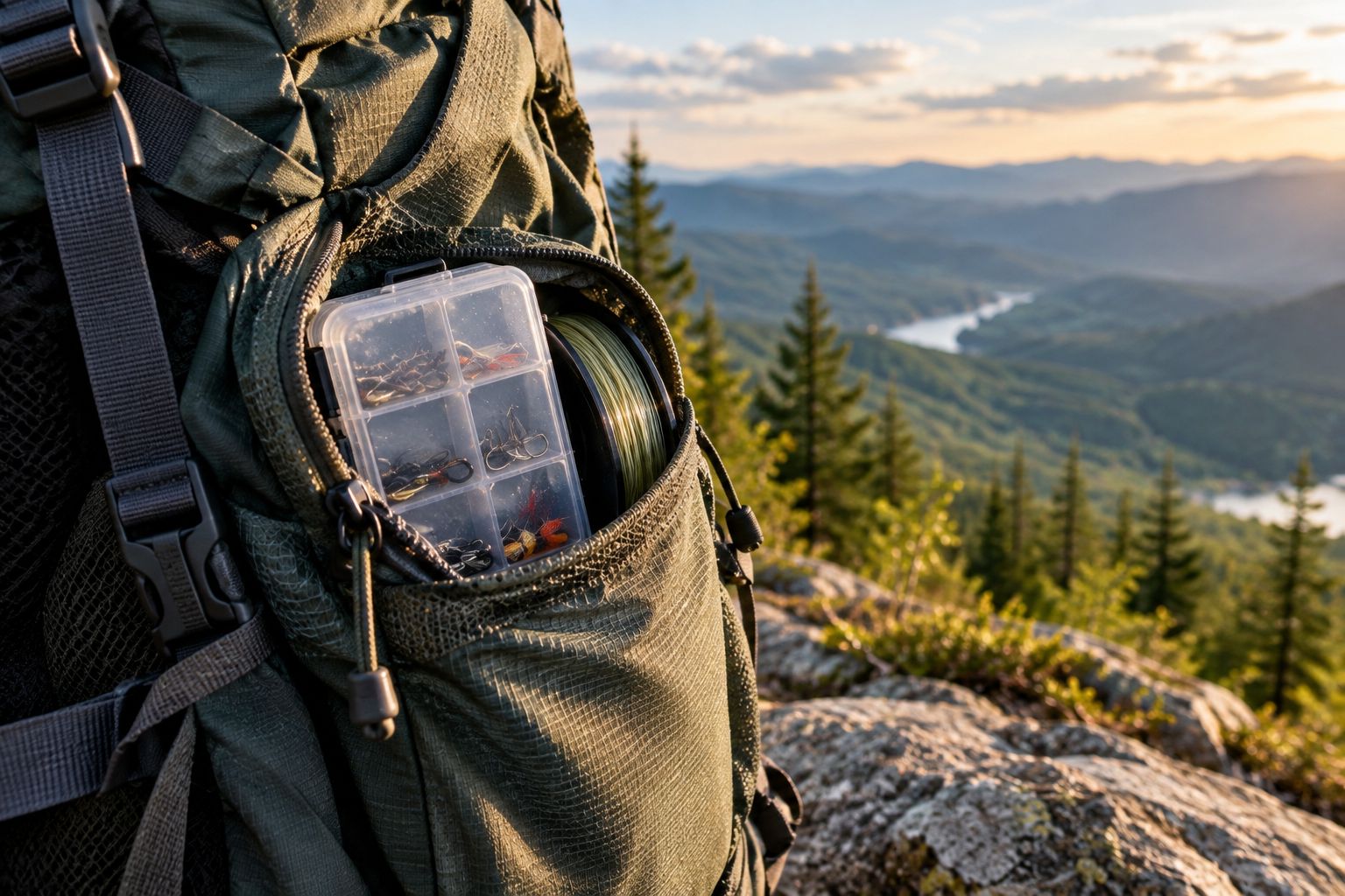 Small waterproof tackle divider tucked into a backpack side pocket