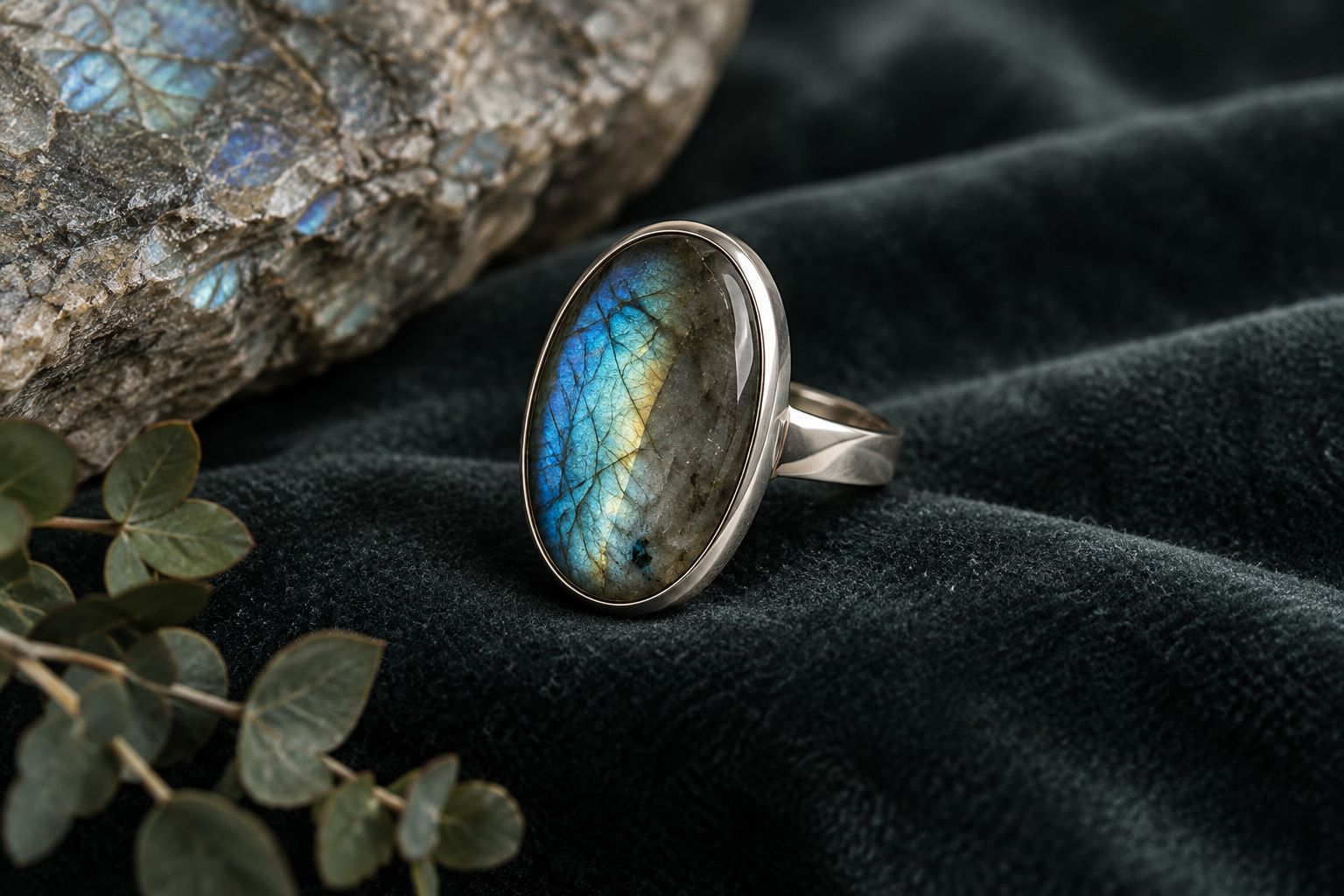 Labradorite cabochon ring showing labradorescence flash on one side and gray on the other
