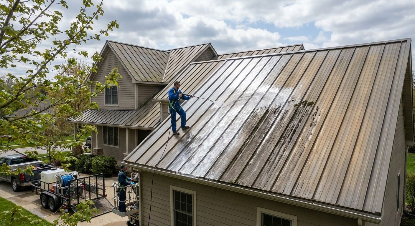 Soft wash roof cleaning for metal roofing
