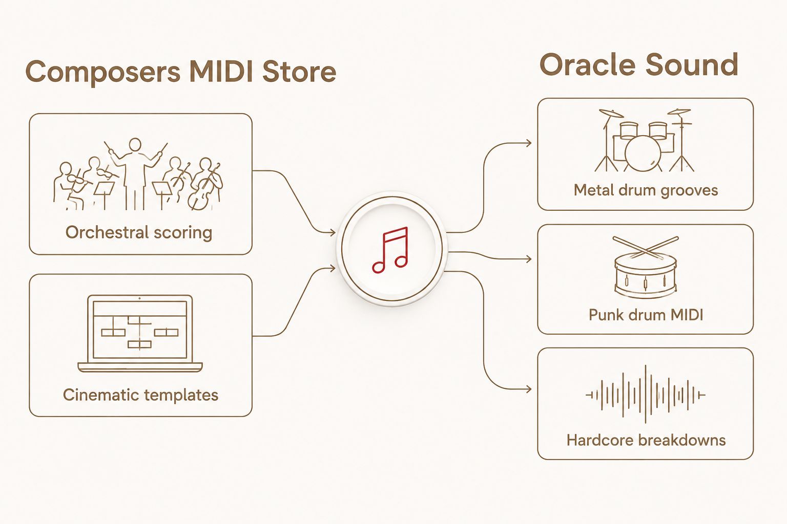 Two-column comparison of Composers MIDI Store orchestral focus versus Oracle Sound genre drum MIDI