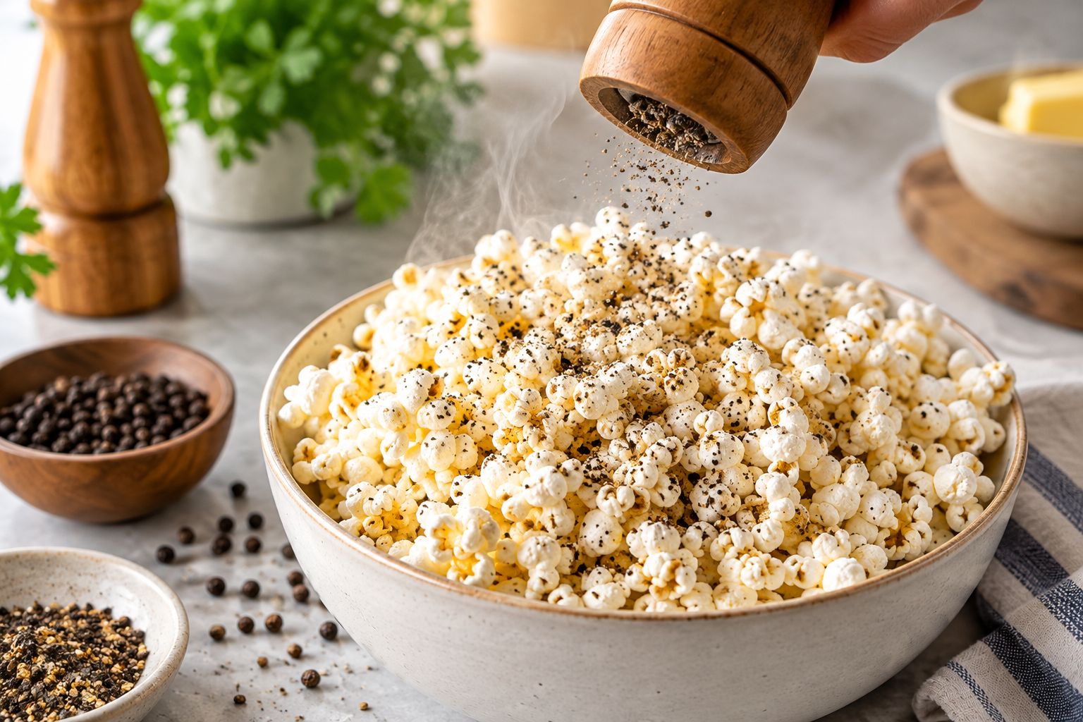 Pepper mill grinding coarse pepper over a bowl of warm buttered popcorn