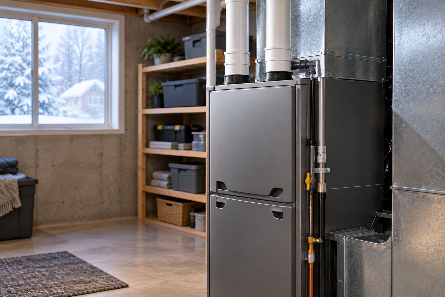 High-efficiency gas furnace installed in a Minnesota basement during winter