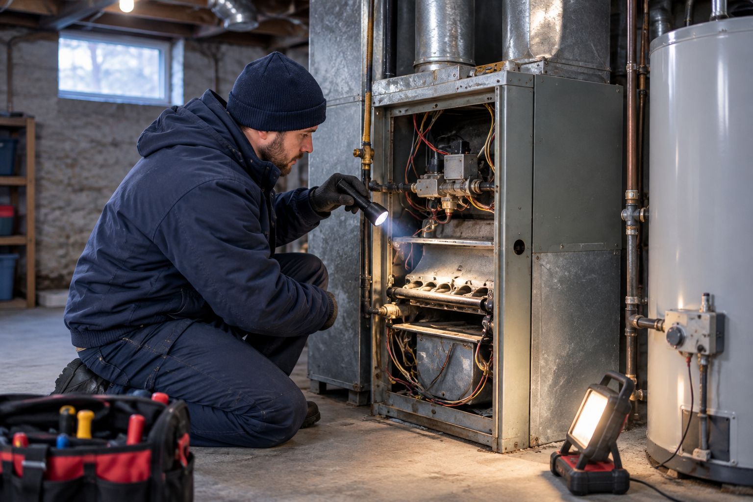 Technician inspecting an older furnace in a rental property basement