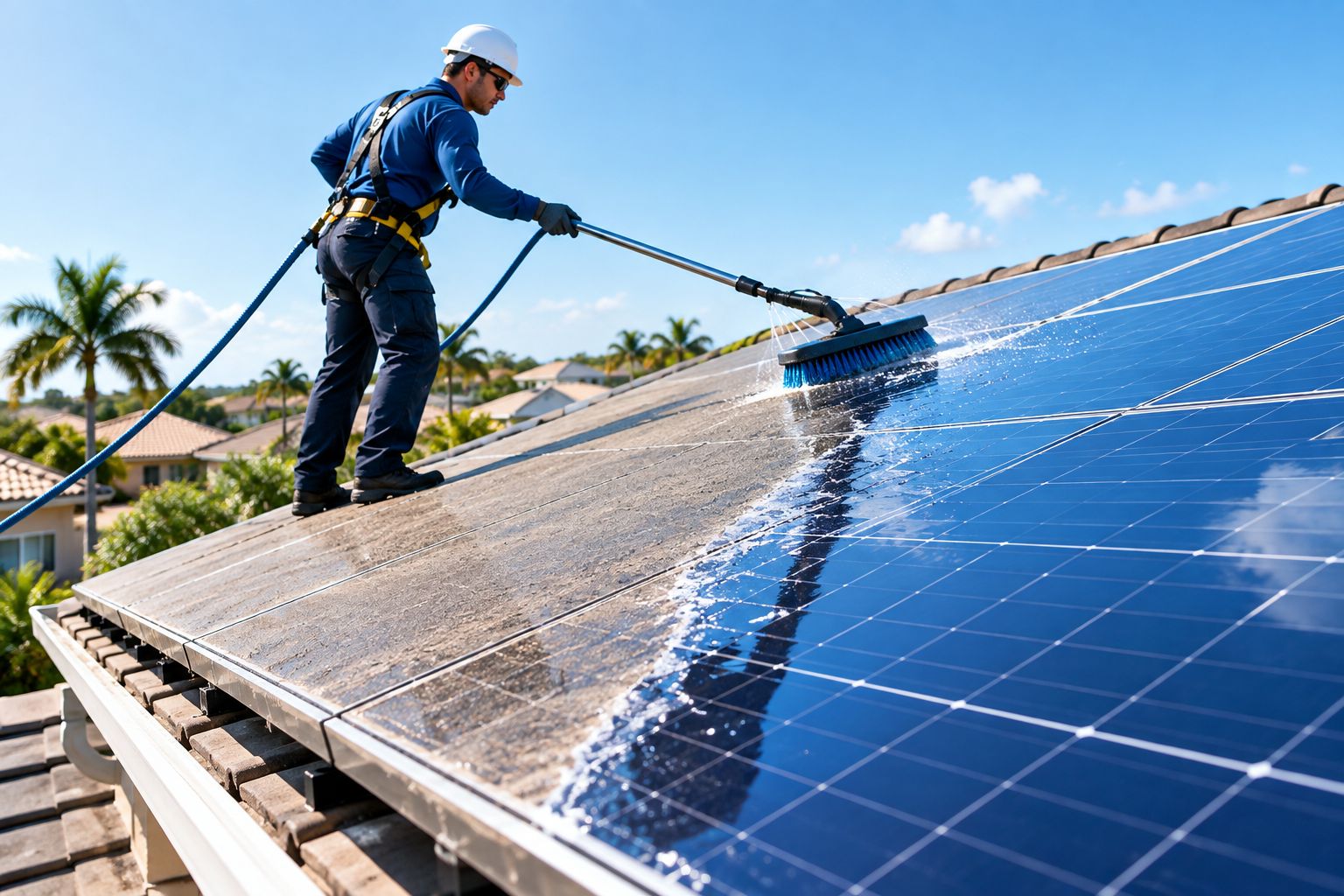 Technician cleaning half a row of dusty rooftop solar panels