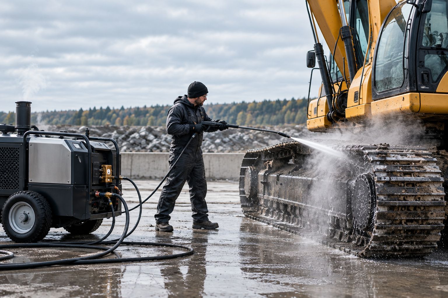 Diesel-fired hot water pressure washer cleaning excavator tracks on a wash pad