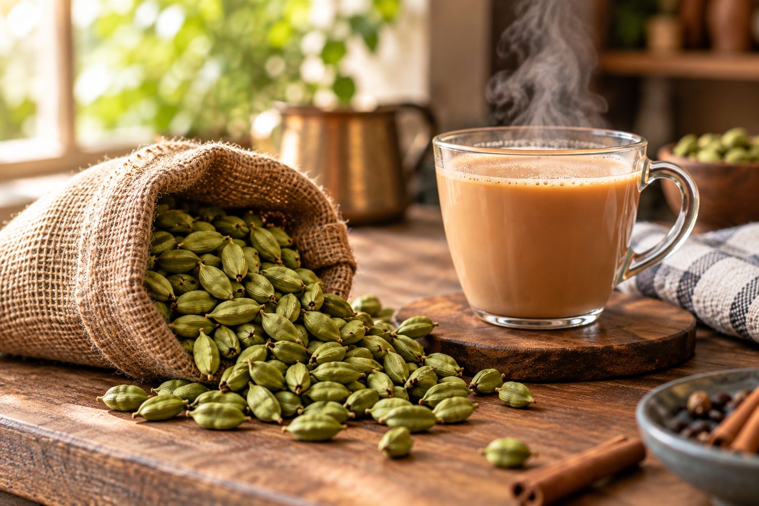 Hand-picked green cardamom pods beside a cup of chai