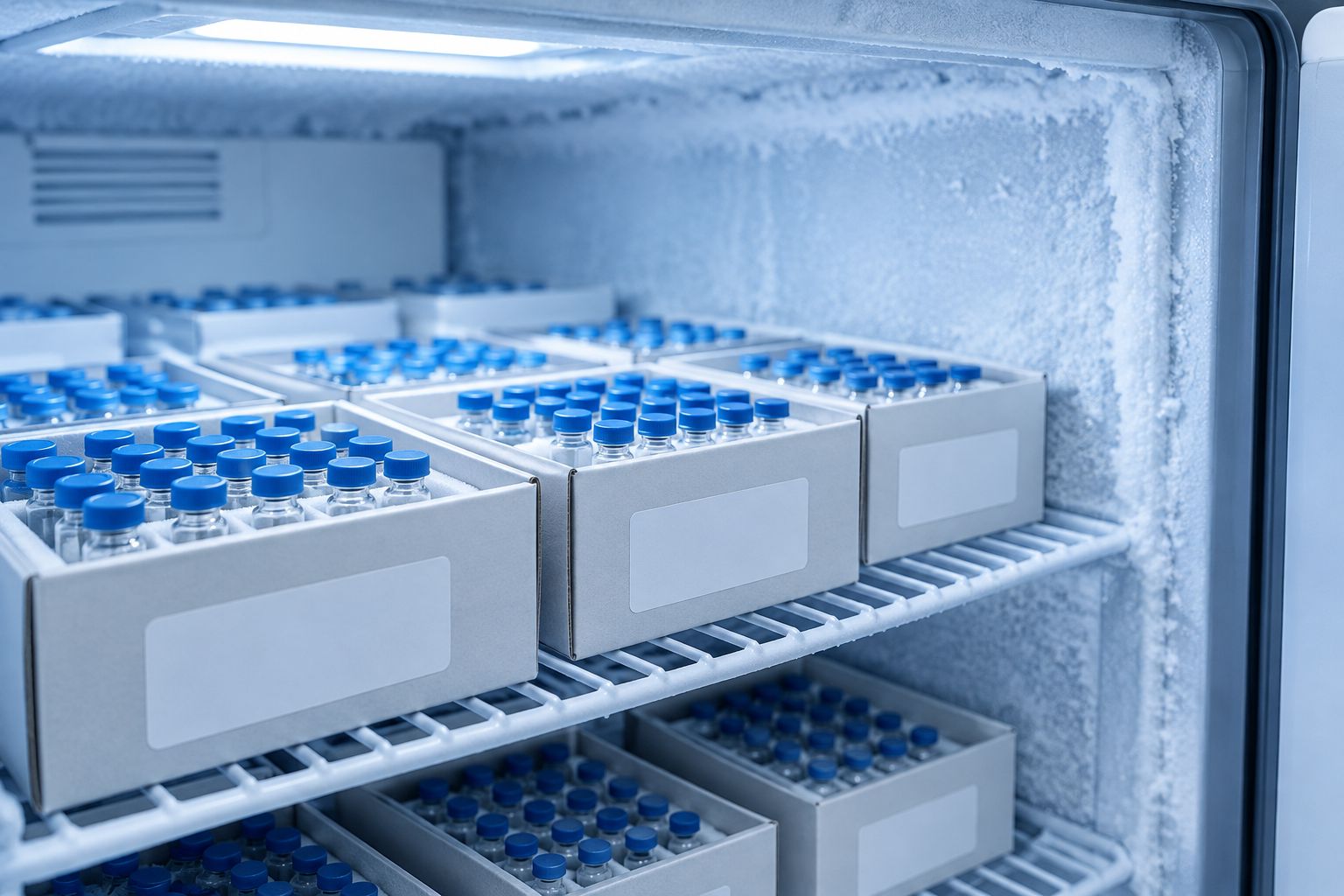 Laboratory freezer rack holding boxed research peptide vials