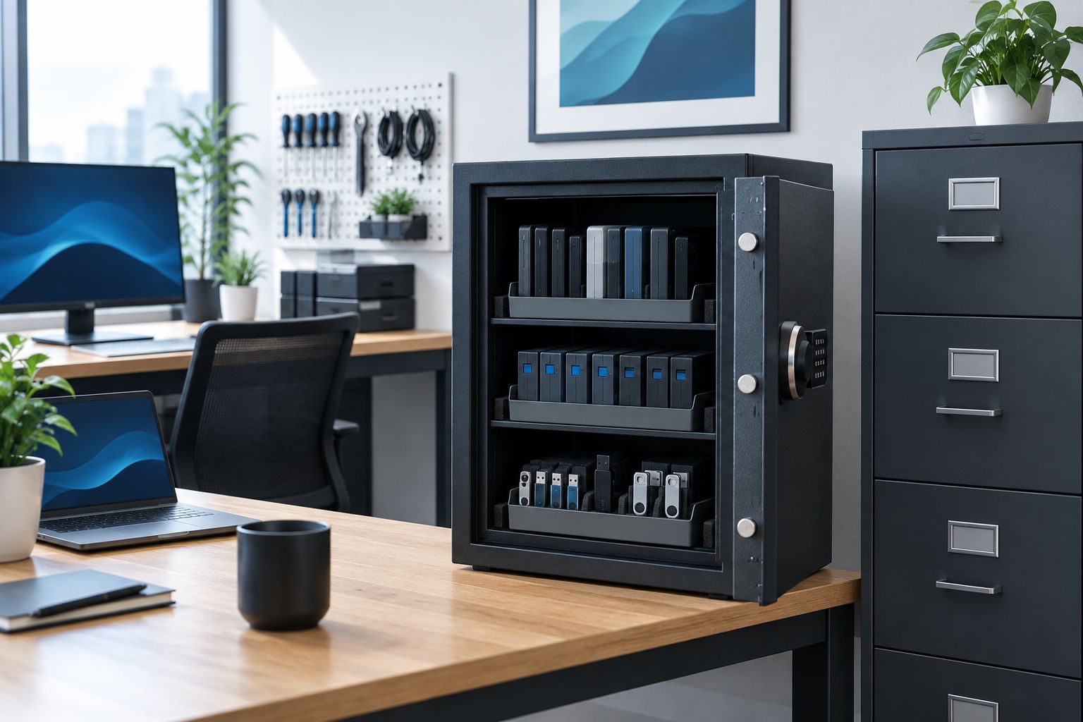Data safe holding backup drives separately from office filing storage