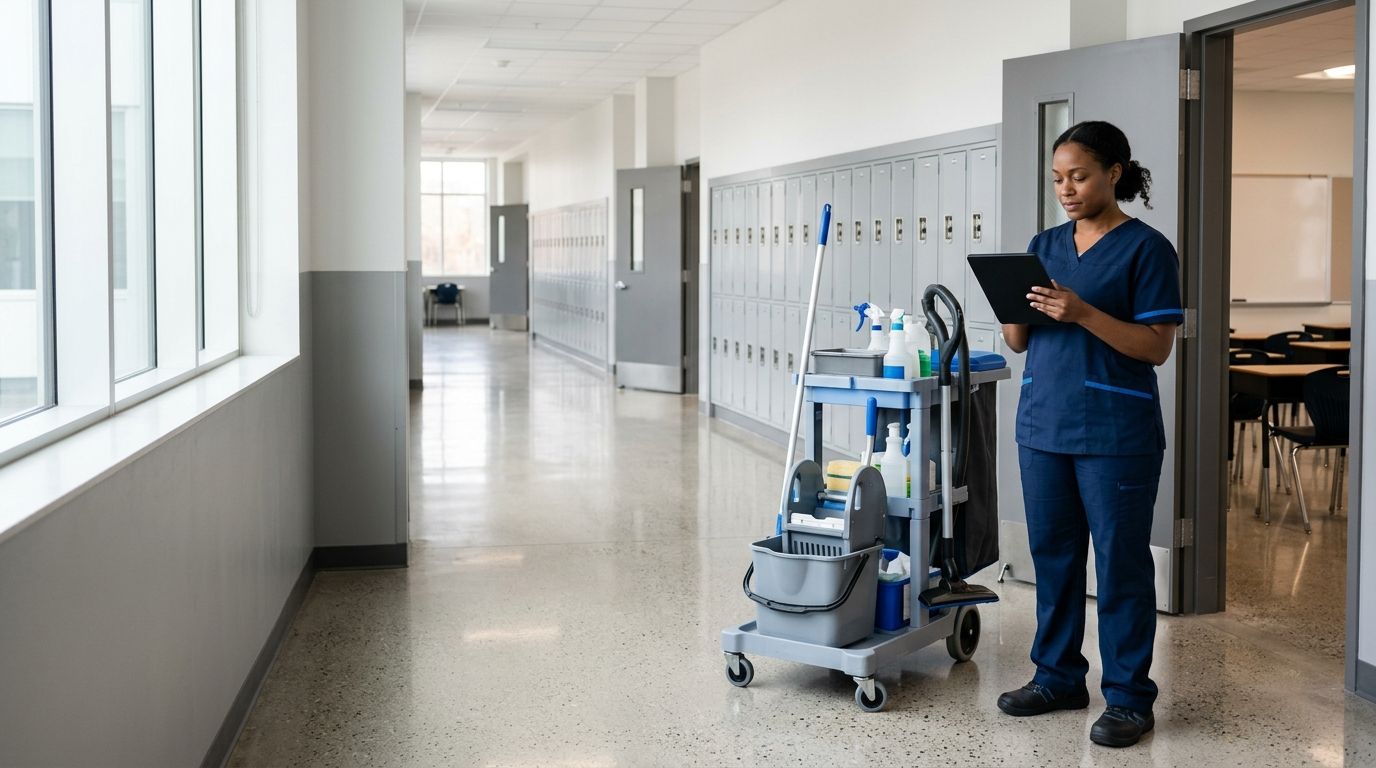 Commercial cleaner checking the school cleaning scope in an empty Philadelphia school corridor