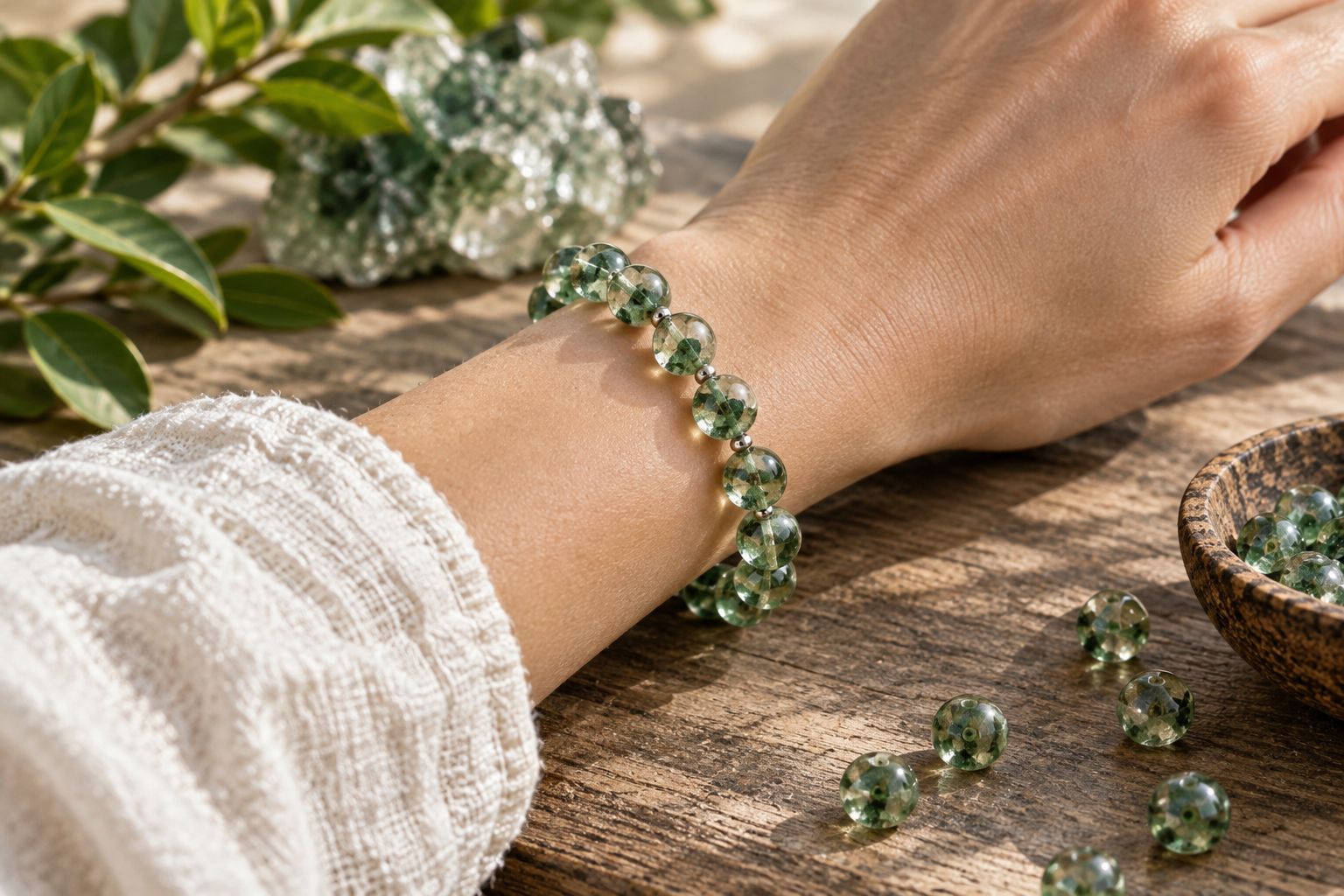 Green beaded crystal bracelet worn on a wrist