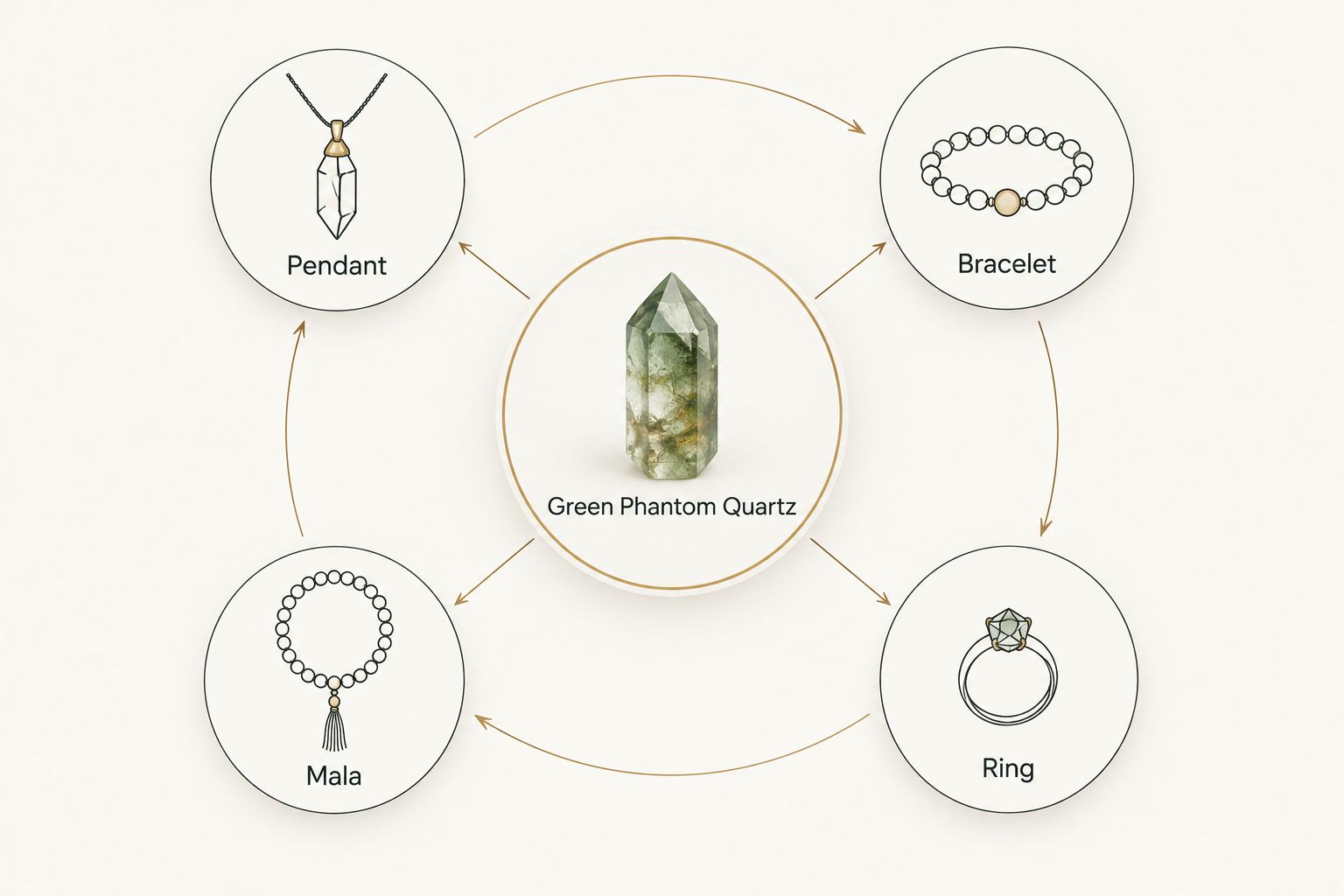 Diagram showing green phantom quartz worn as pendant, bracelet, mala, or ring