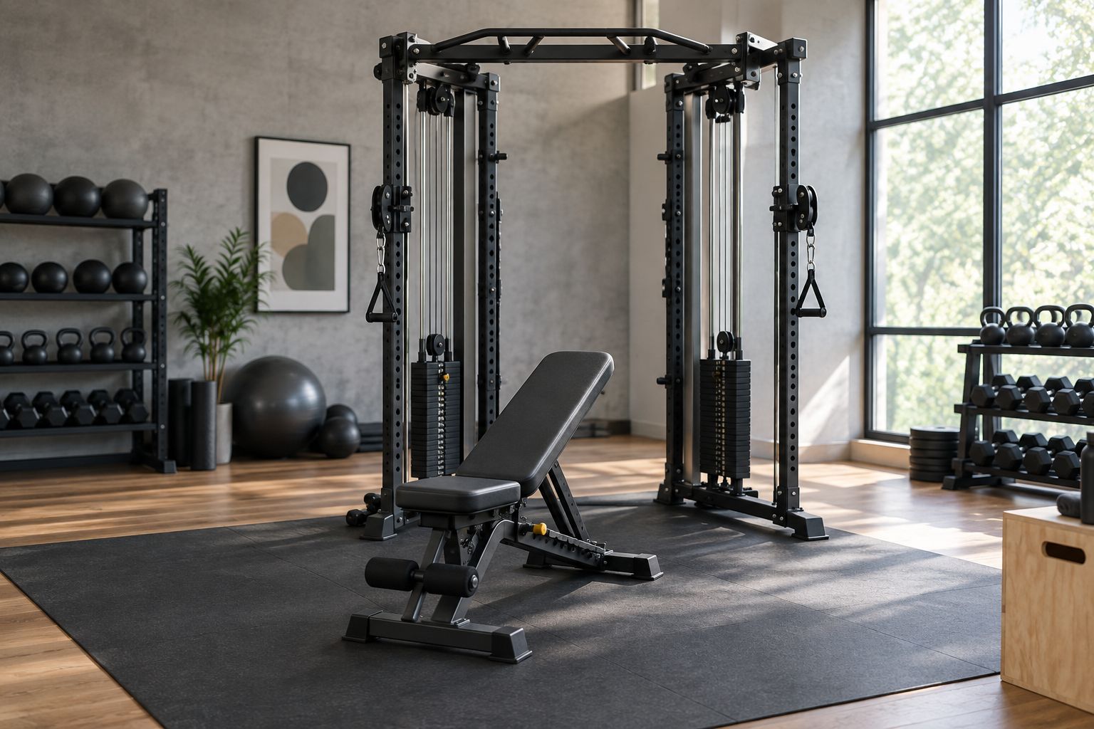 Kompaktes Personal-Training-Studio mit Funktionstrainer und Bodenschutzmatte