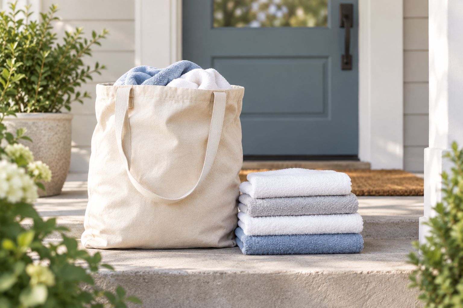 Laundry bag left on a front porch for pickup