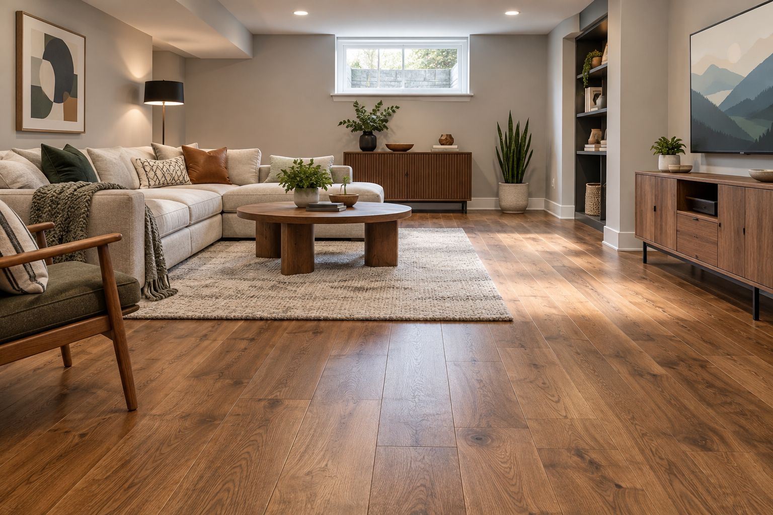 Finished basement with engineered wood plank flooring