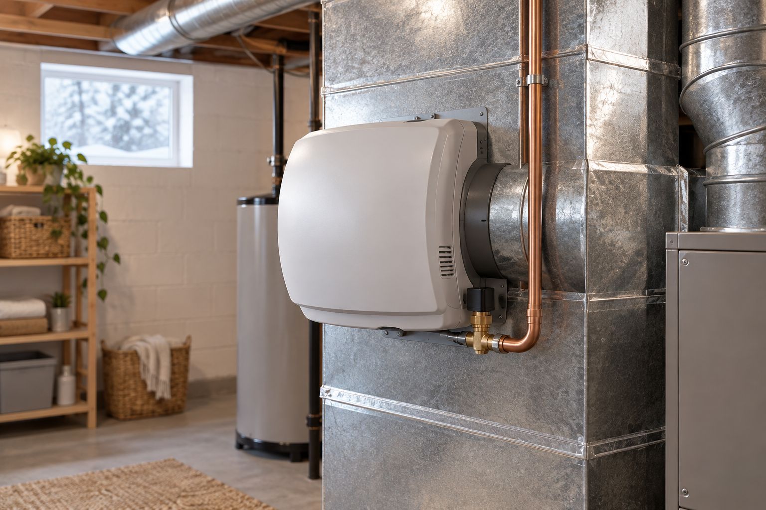 Fan-powered whole-home humidifier mounted on furnace ductwork