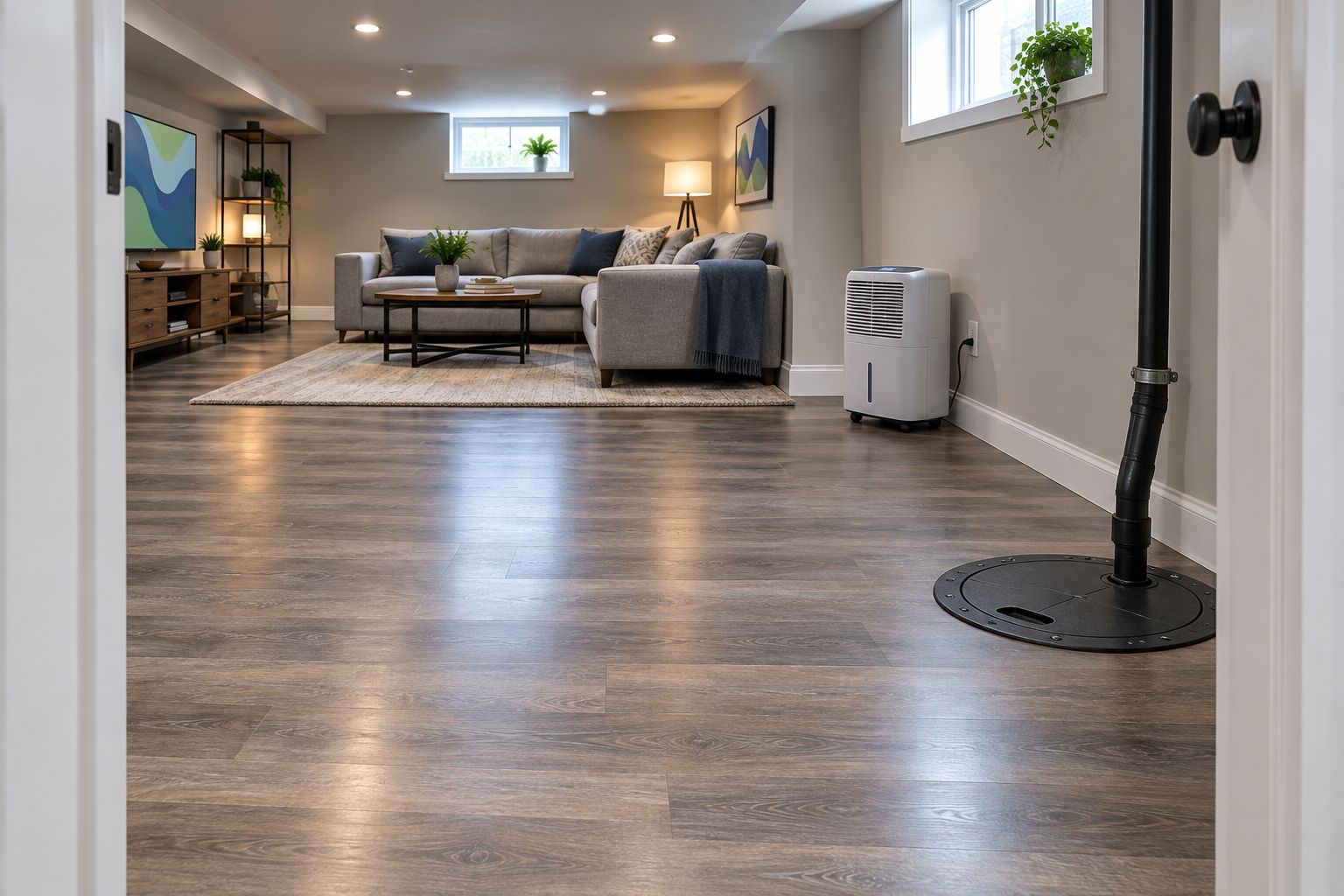 Finished basement with wood-look plank flooring near a sump pump pit