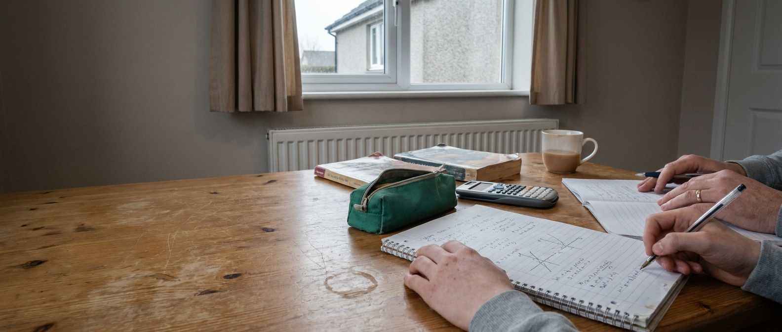 Scottish student working through Curriculum for Excellence Maths with a parent at home
