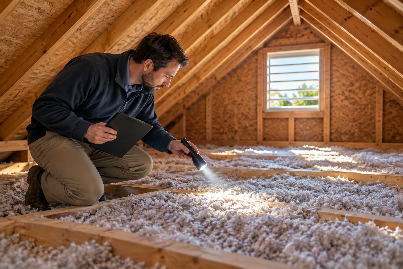 Home inspector checking attic insulation depth during a home inspection