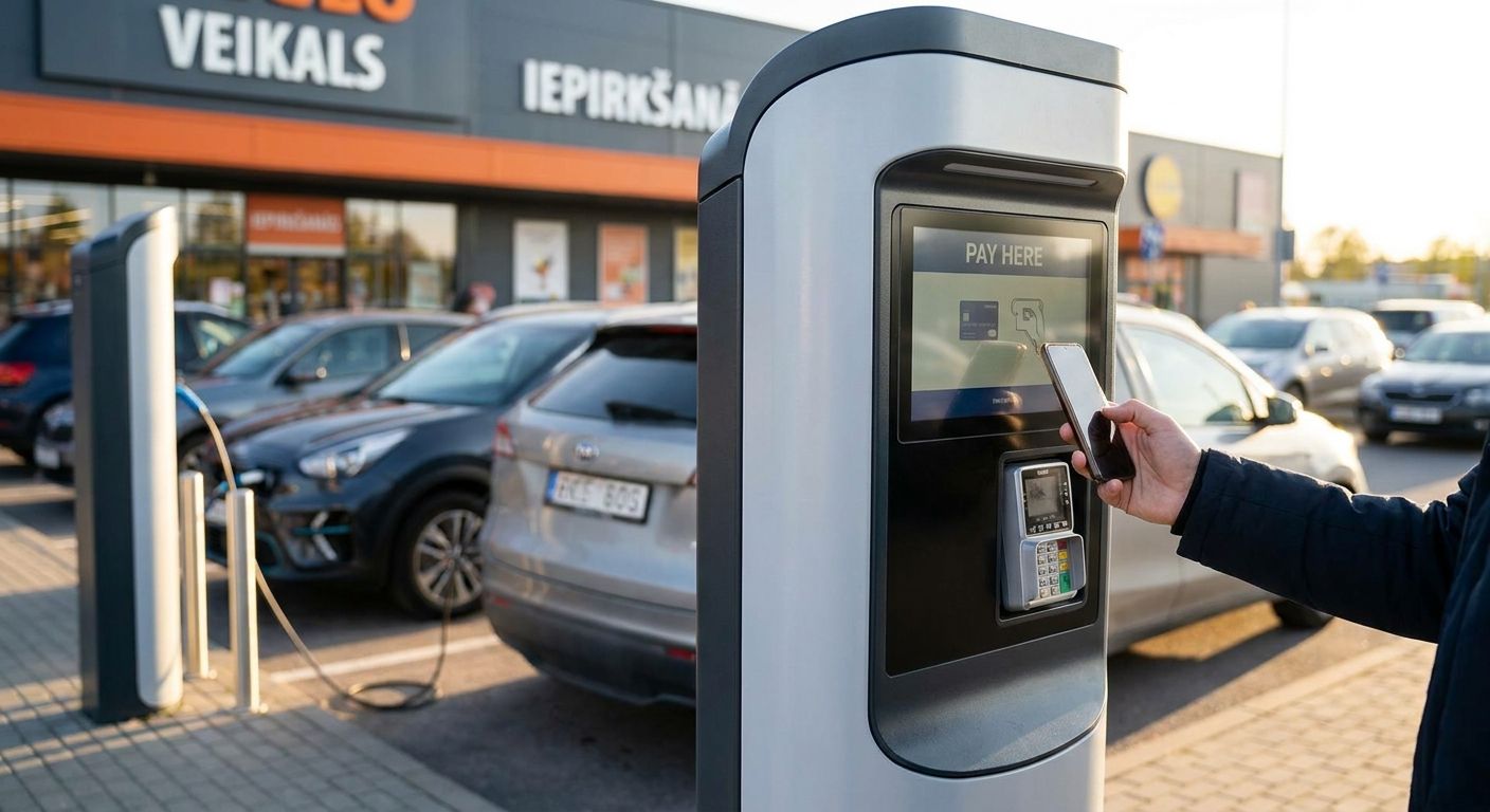 Maksājumu integrācija EV uzlādes stacijām veikalu tīkliem