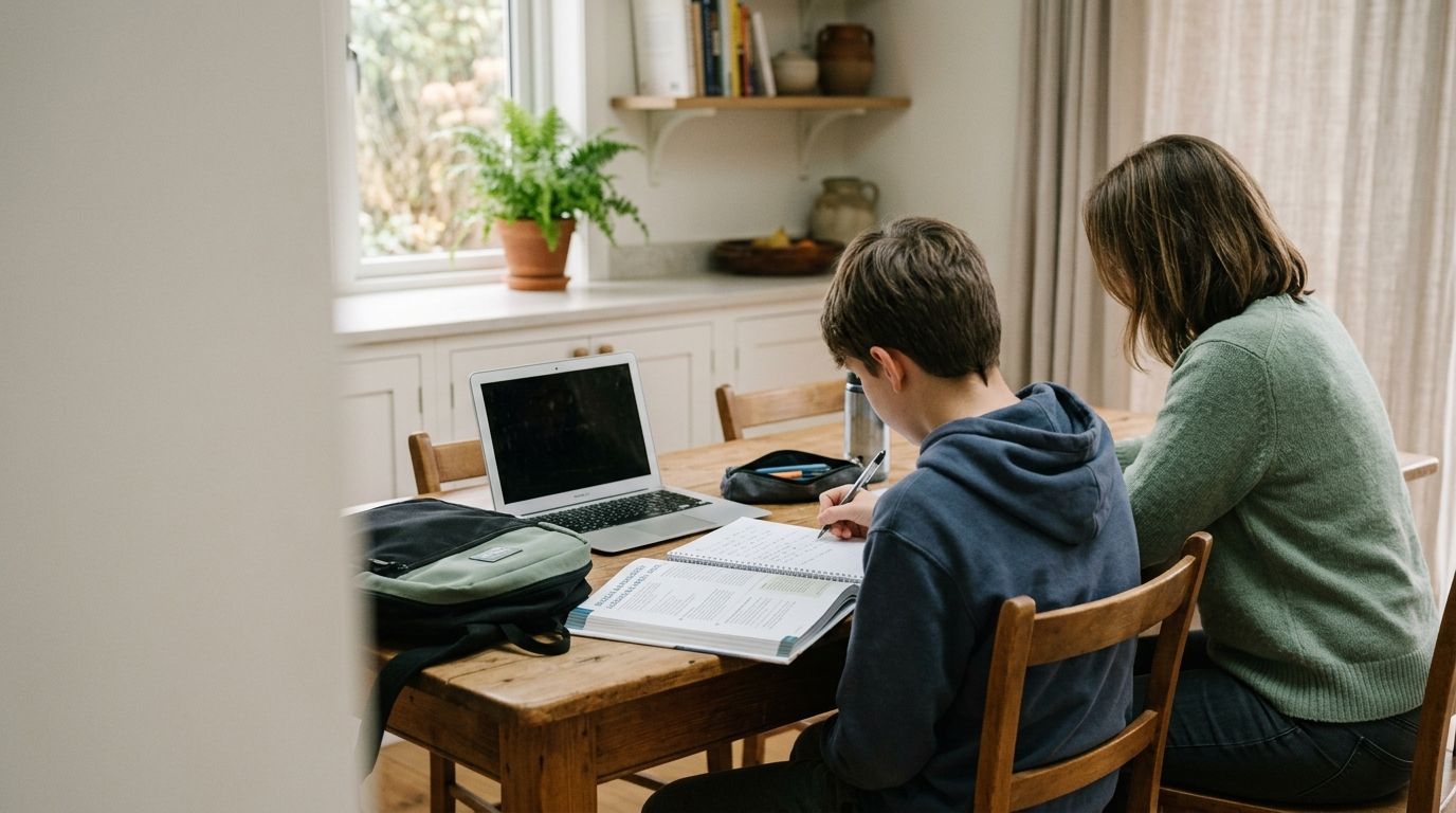 Parent supporting a middle school student during an English study session at home