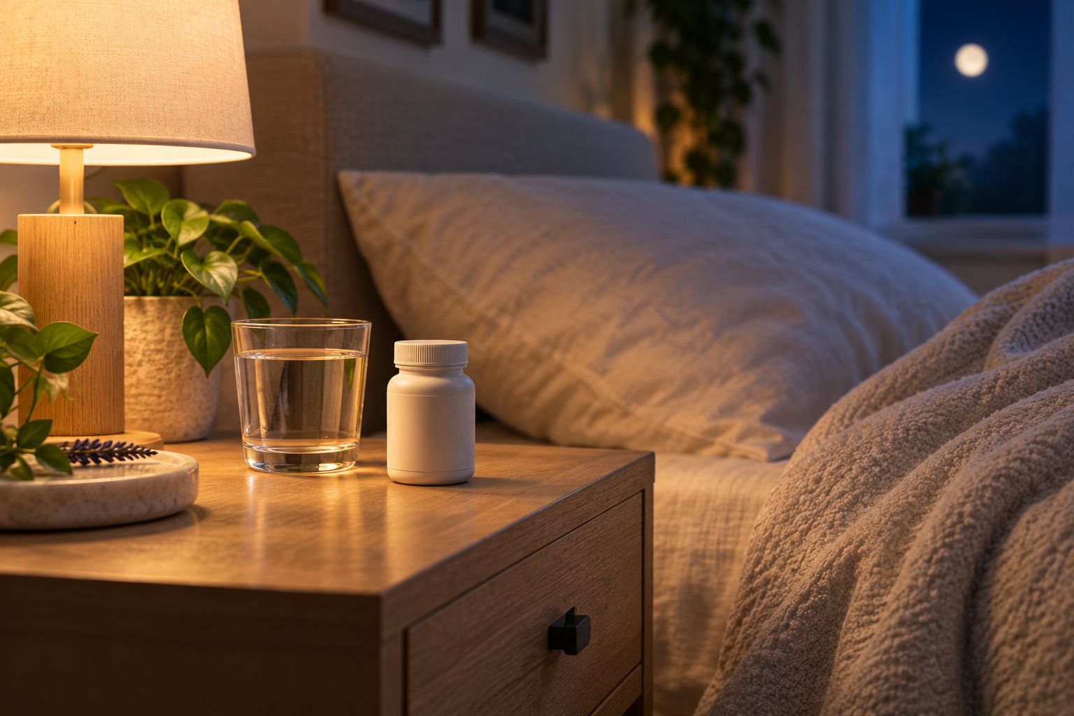 Bedside table set up for a calming nighttime routine