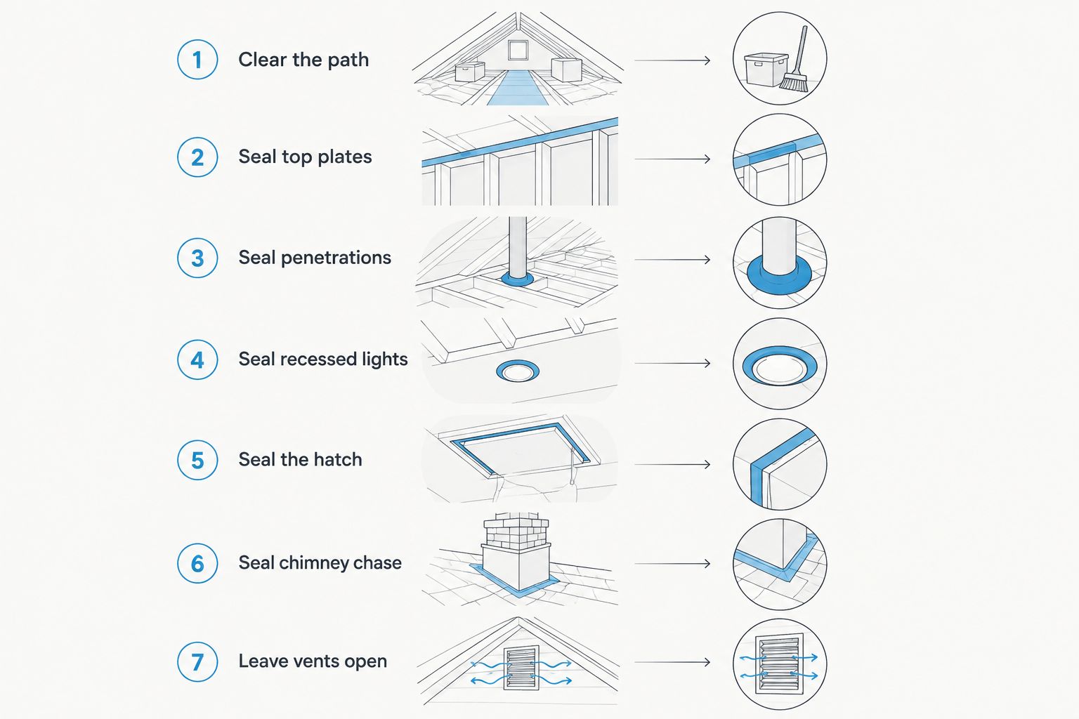 Seven-step sequence for air sealing an attic before insulation