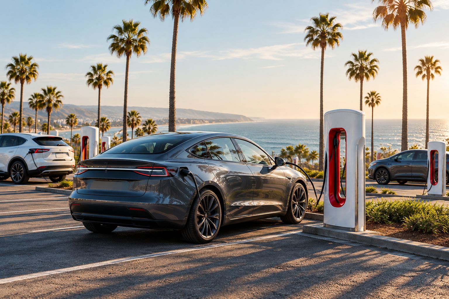 Tesla charging at a coastal Los Angeles Supercharger stall near the ocean