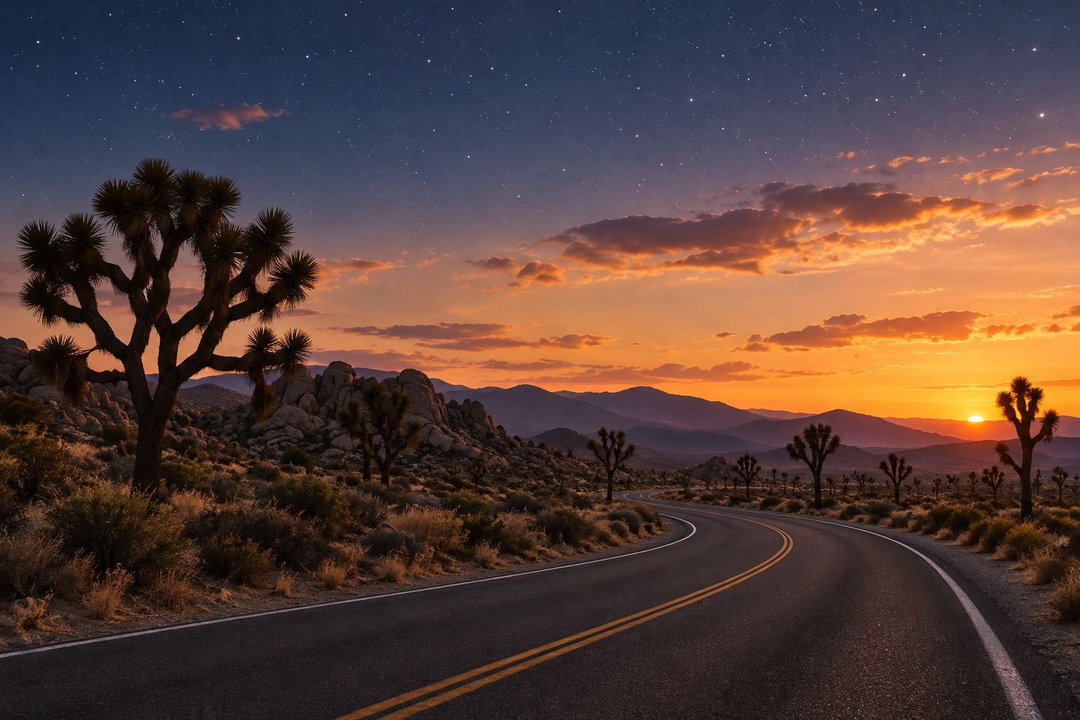 Desert highway near Joshua Tree at dusk with stars appearing overhead