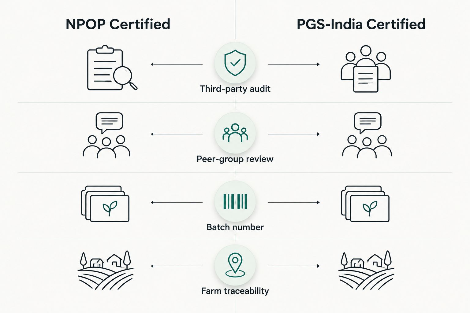 Comparison diagram of NPOP third-party certification versus PGS-India peer-group certification