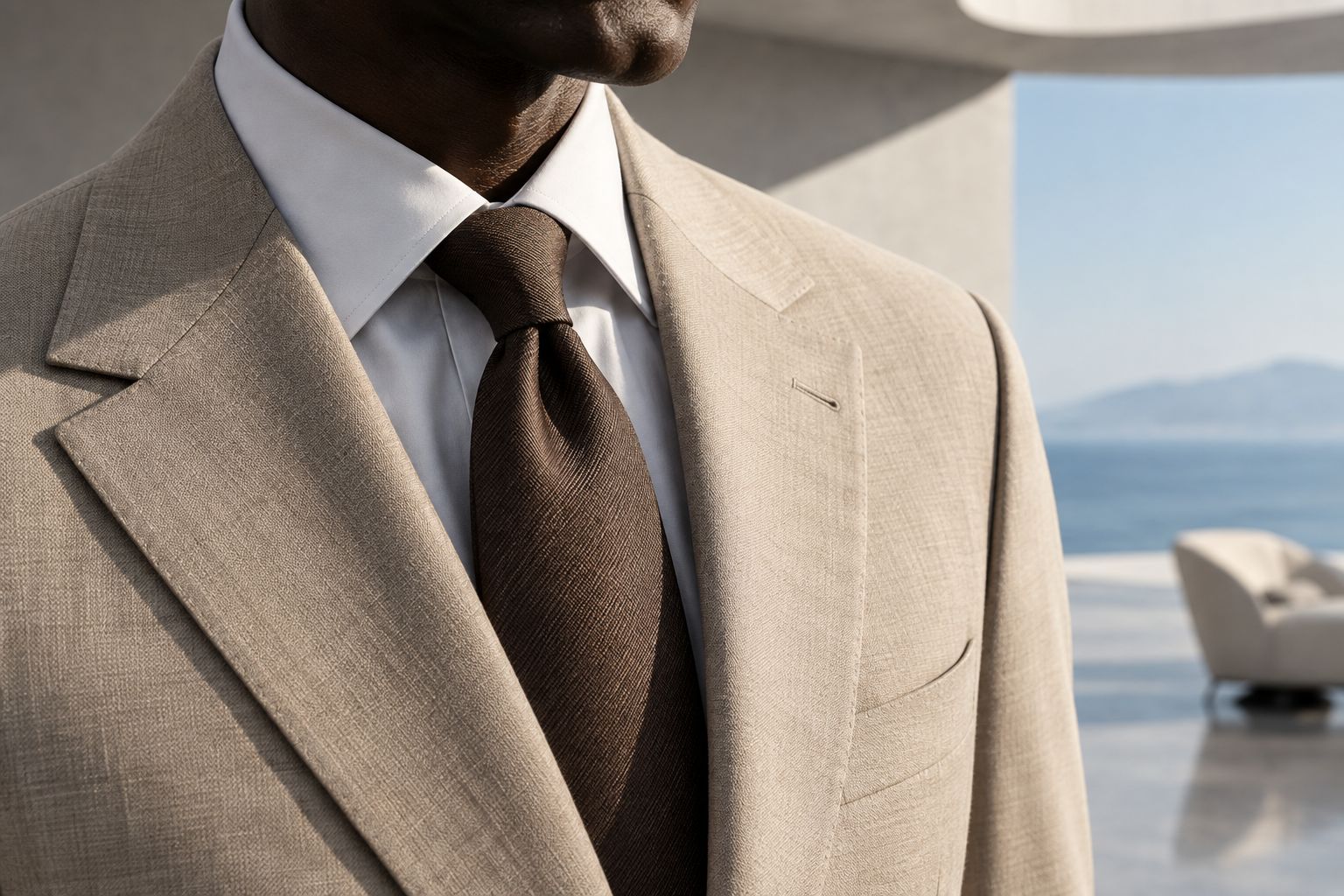Close detail of a jacket lapel edge alongside a knotted silk tie