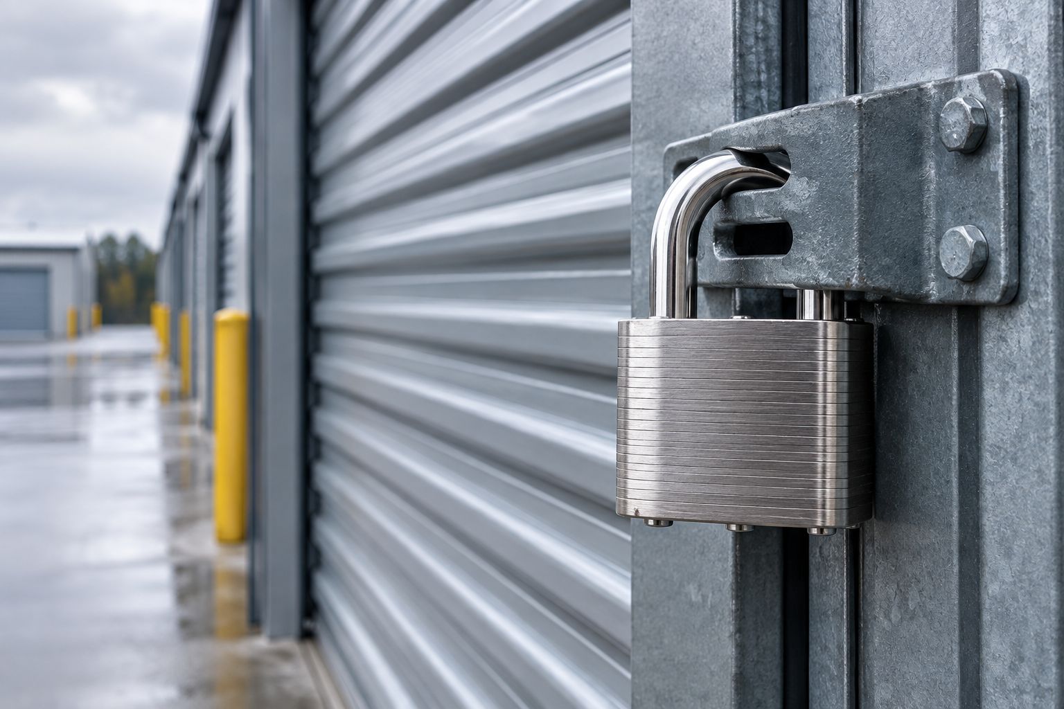 Heavy-duty steel padlock securing a warehouse roll-up door hasp
