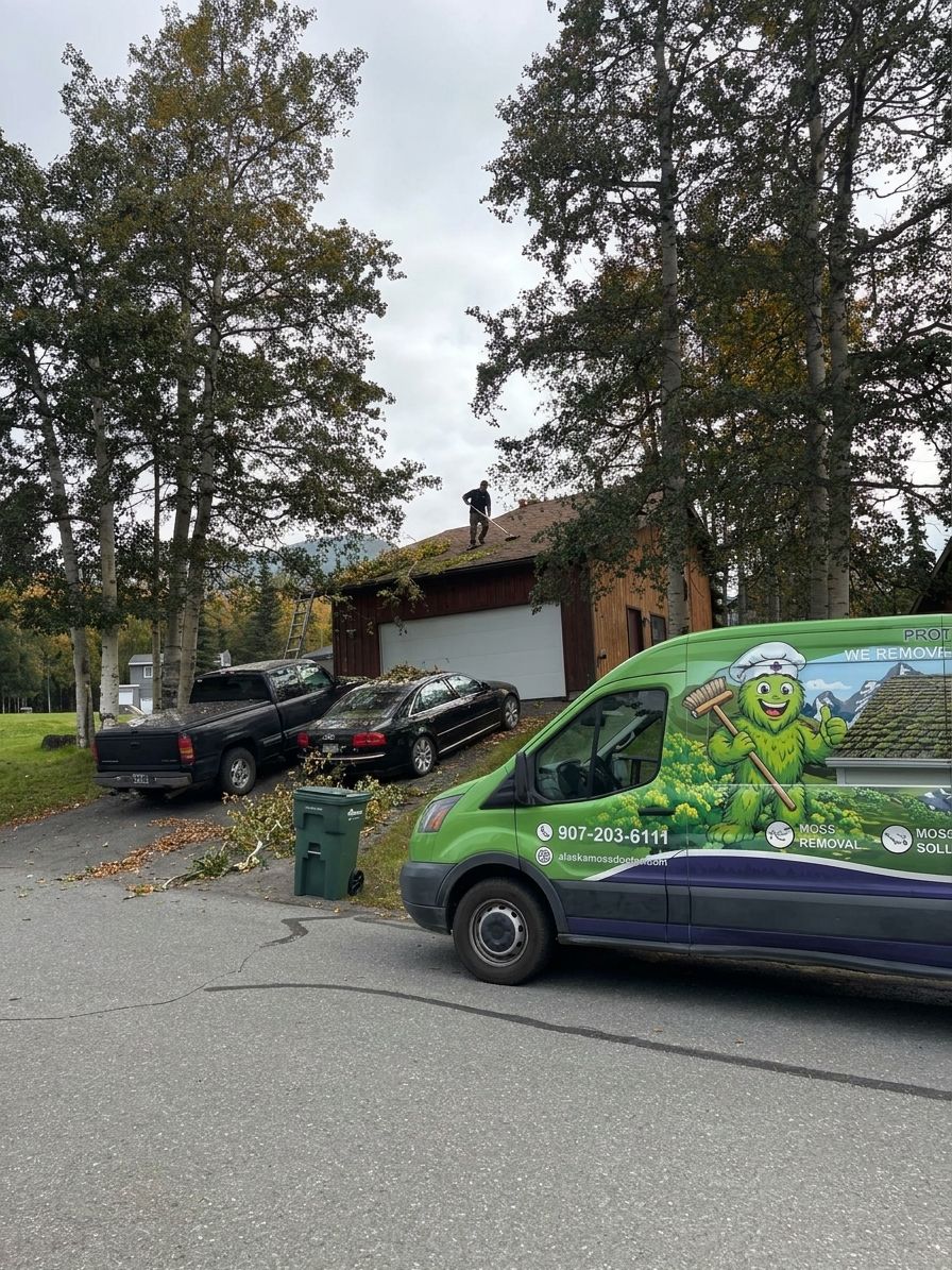 Storm debris cleanup with roof moss removal
