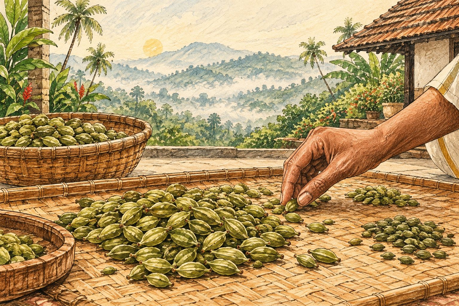 Sun-dried green cardamom pods being sorted by hand in Kerala