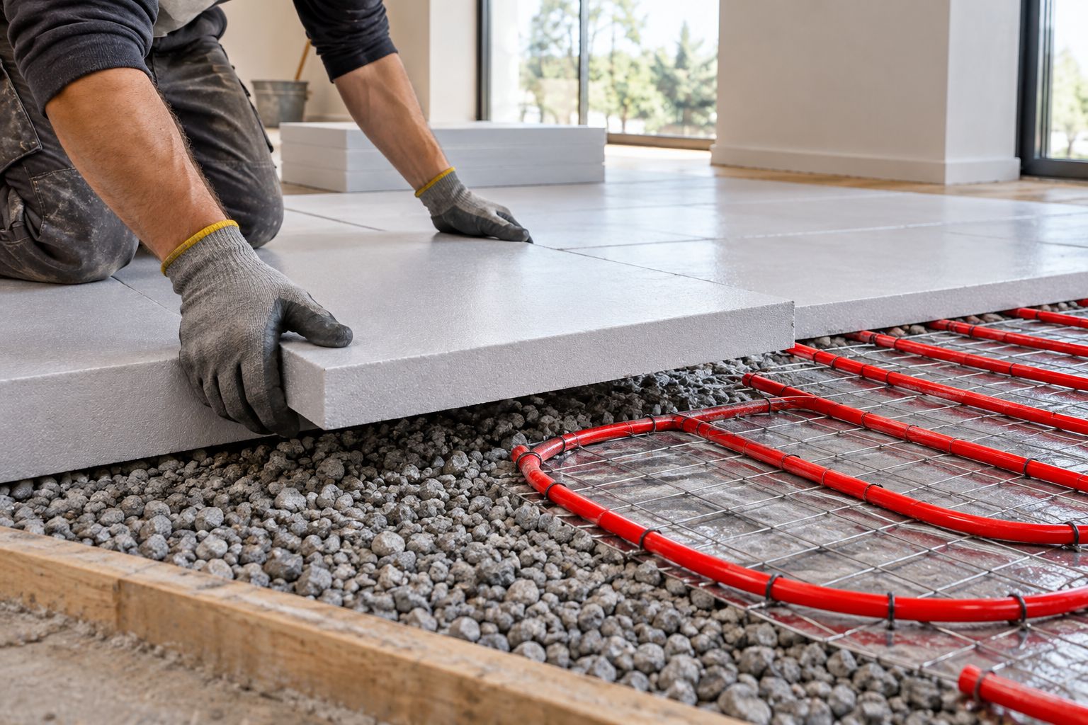 Rigid foam board insulation panels being installed under a slab before radiant tubing
