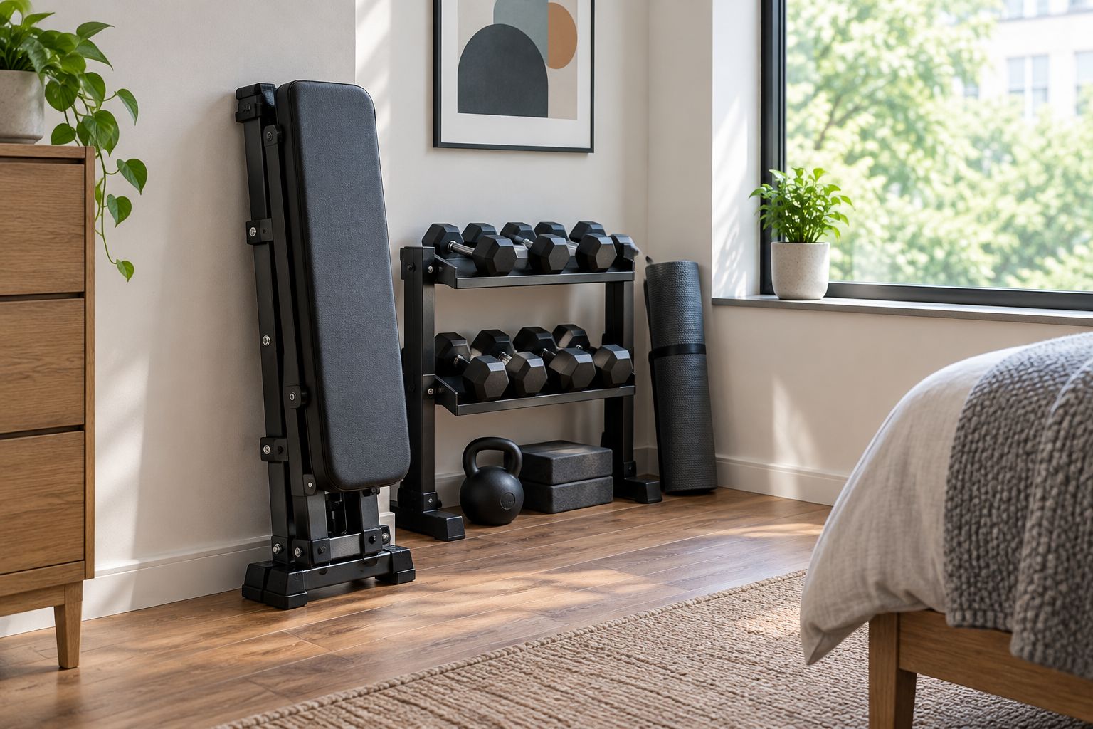 Foldable flat weight bench folded against a wall in a small home gym