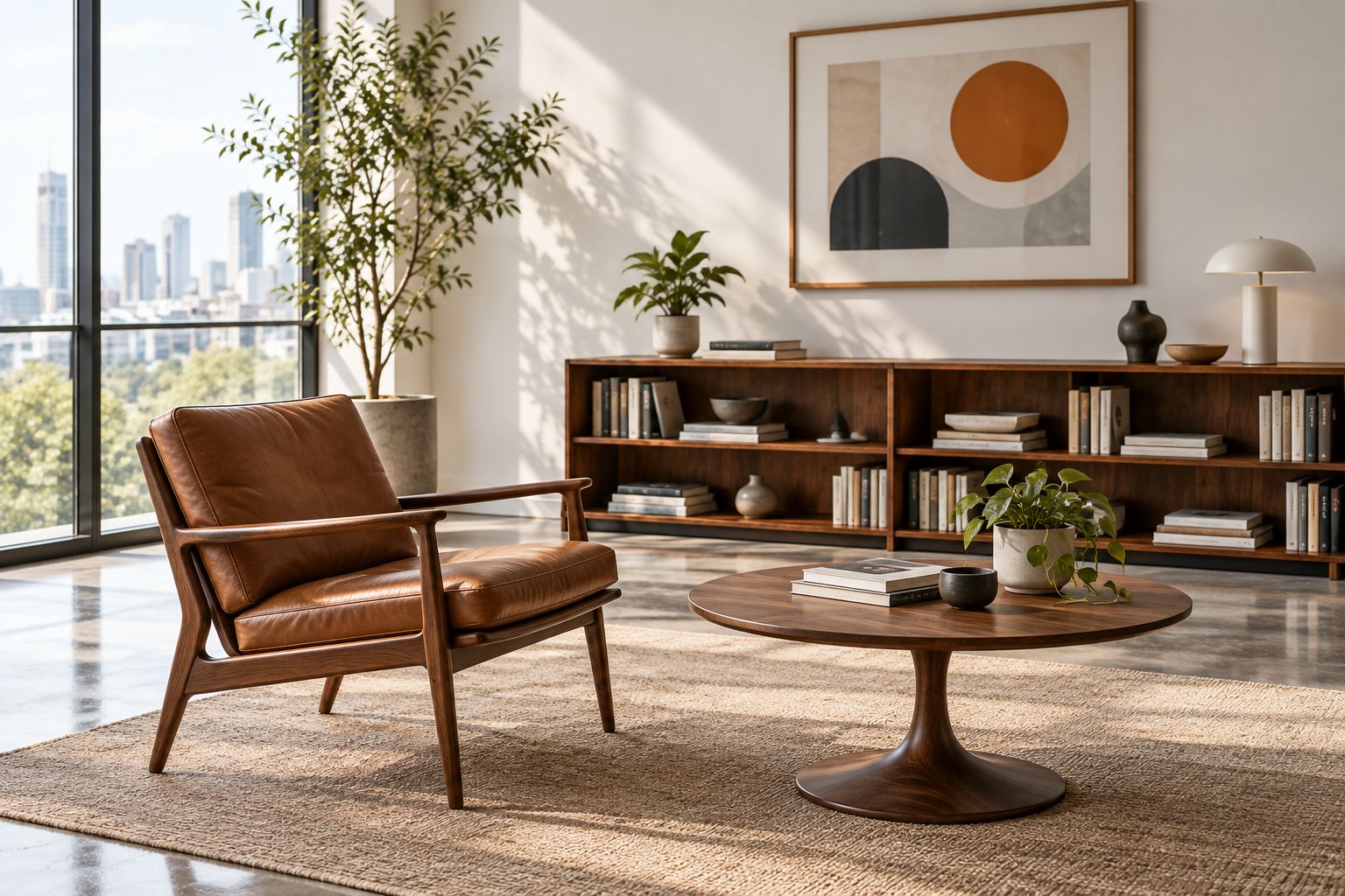 Reception di uno studio di architettura con una lounge chair in stile Mid-Century e tavolino