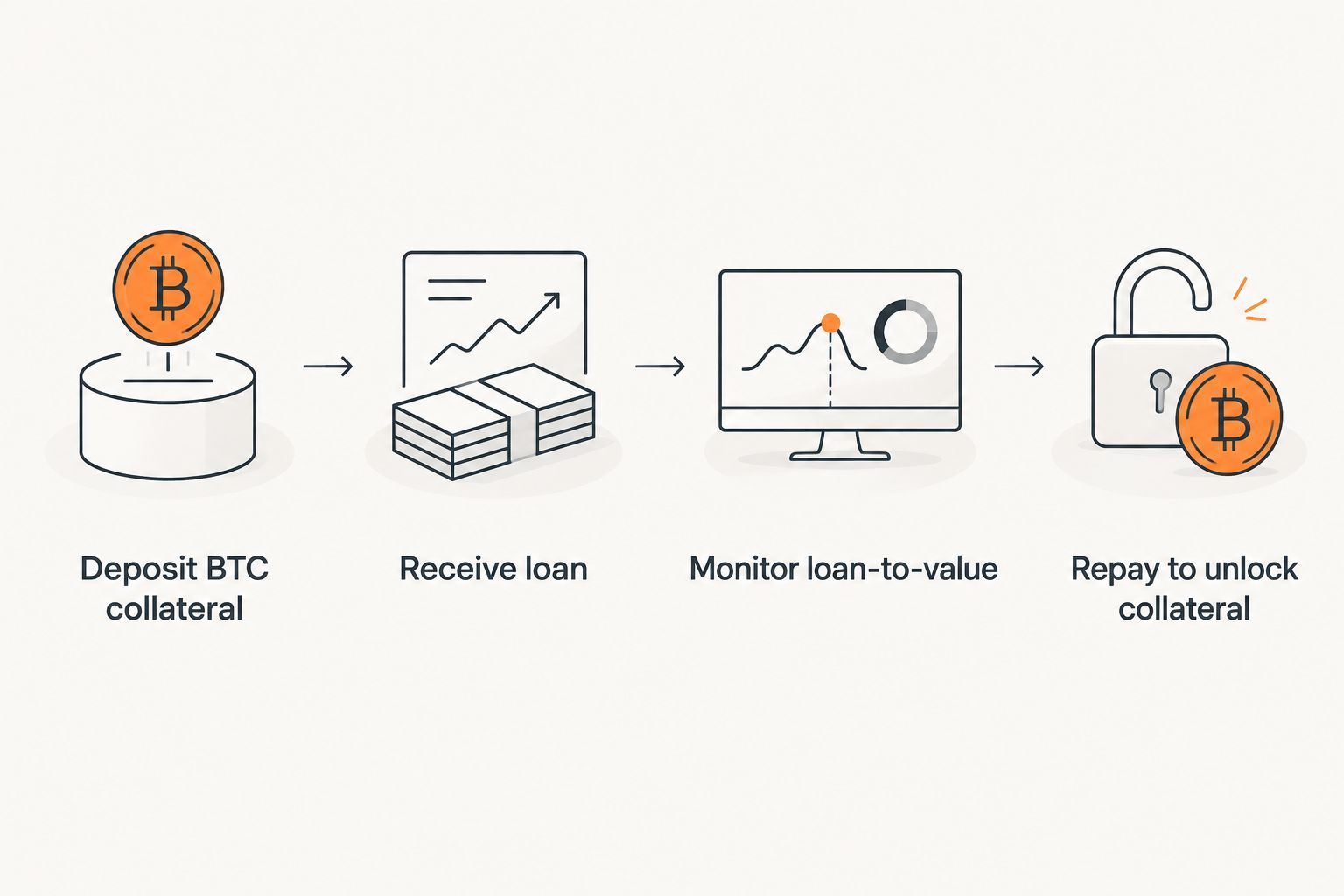 Four-step diagram of how a bitcoin backed loan works