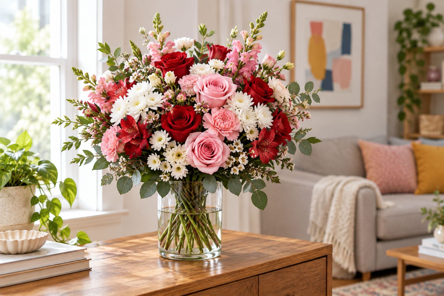 Mixed hand-tied birthday bouquet in a glass vase on a console table