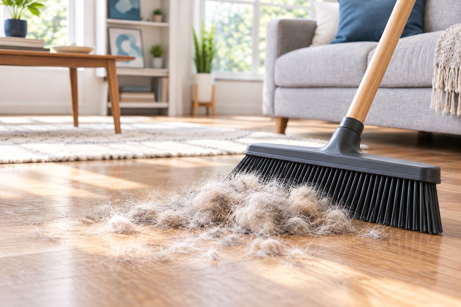 Rubber-bristle broom sweeping pet hair into a pile on a hardwood floor
