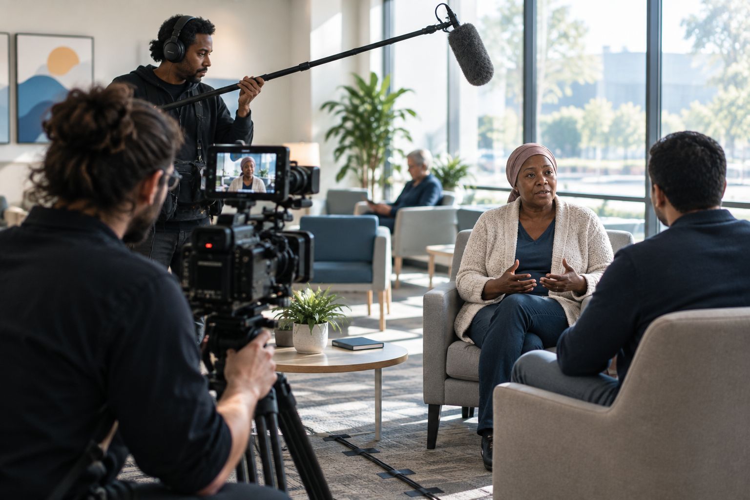 Documentary crew filming a patient interview in a hospital setting