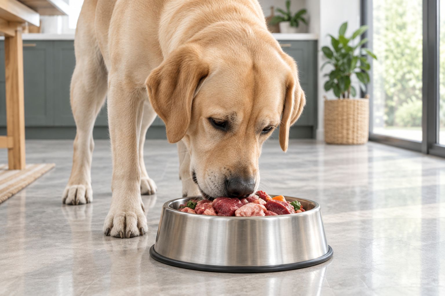 Large breed dog eating raw meat chunks from a bowl on a kitchen floor