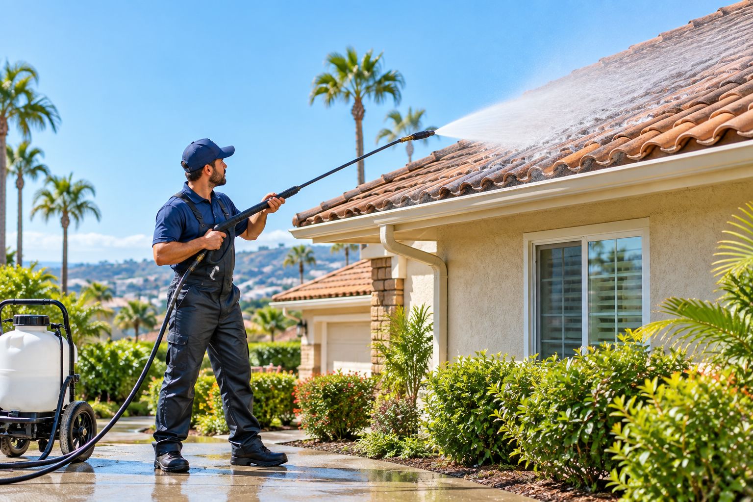 Technician soft-washing a tile roof with low-pressure equipment on a Southern California home