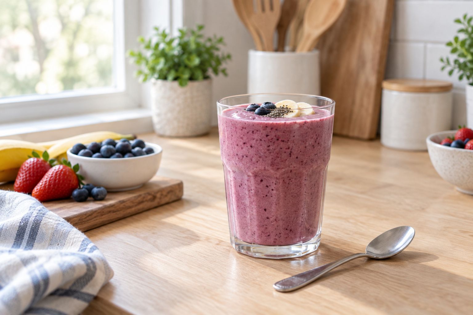 Fruit smoothie in a glass with no straw on a kitchen counter