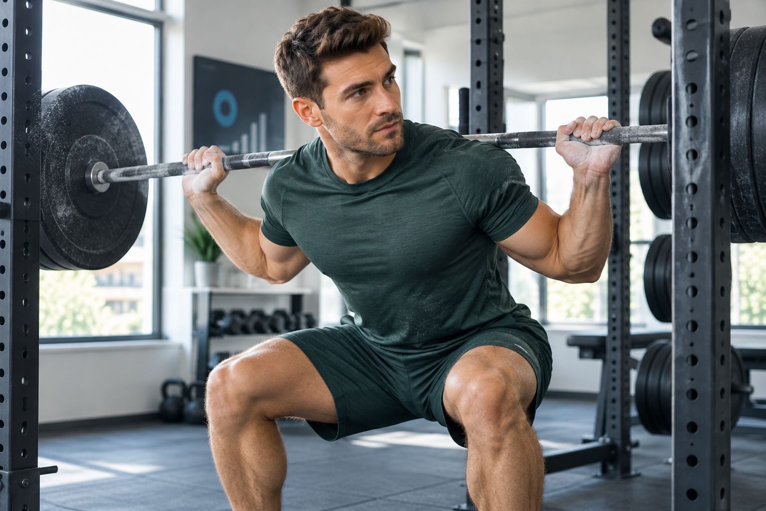 Man wearing a short-sleeve athletic set training at a squat rack