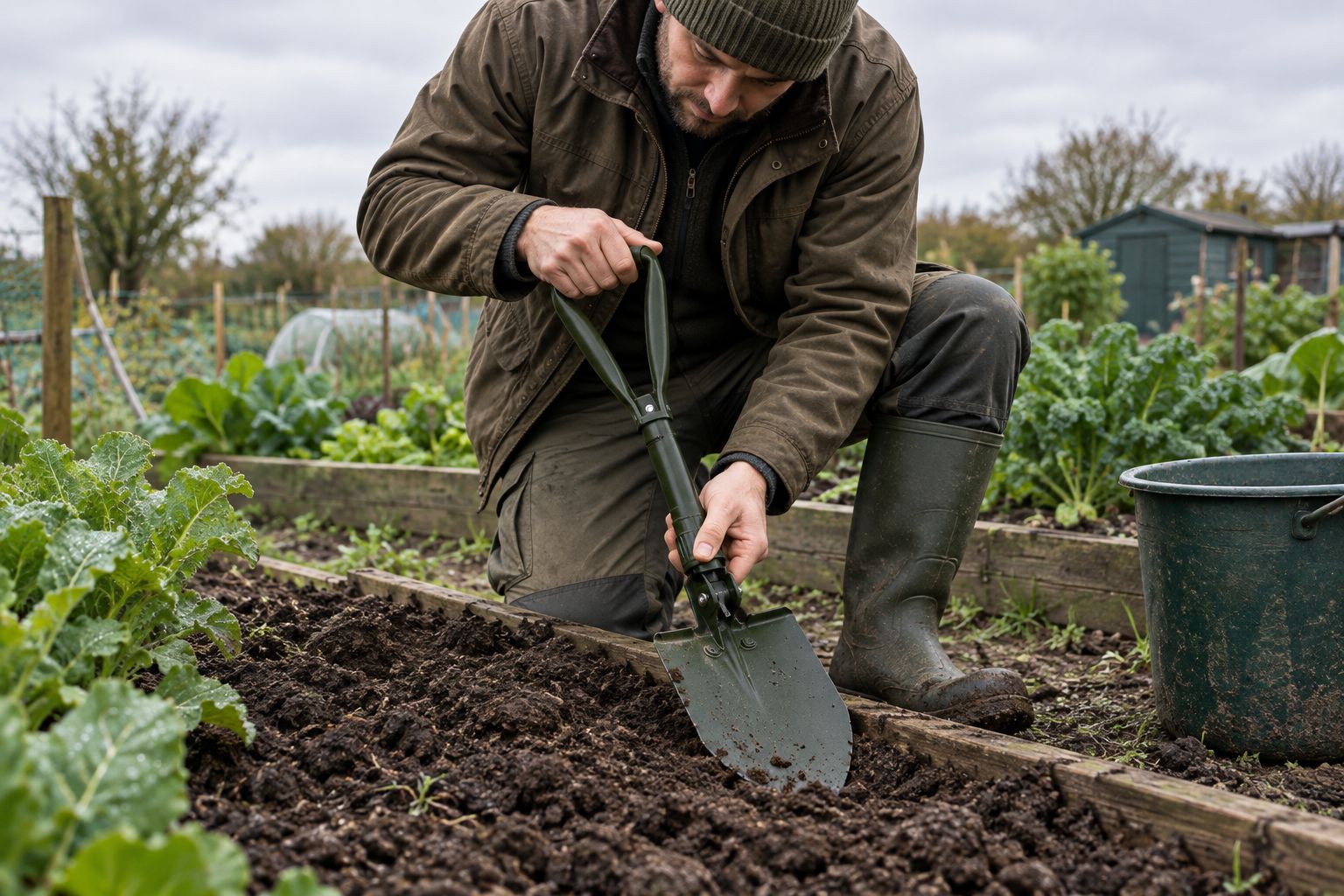 Gardener unfolding a tri-fold entrenching tool on an allotment bed