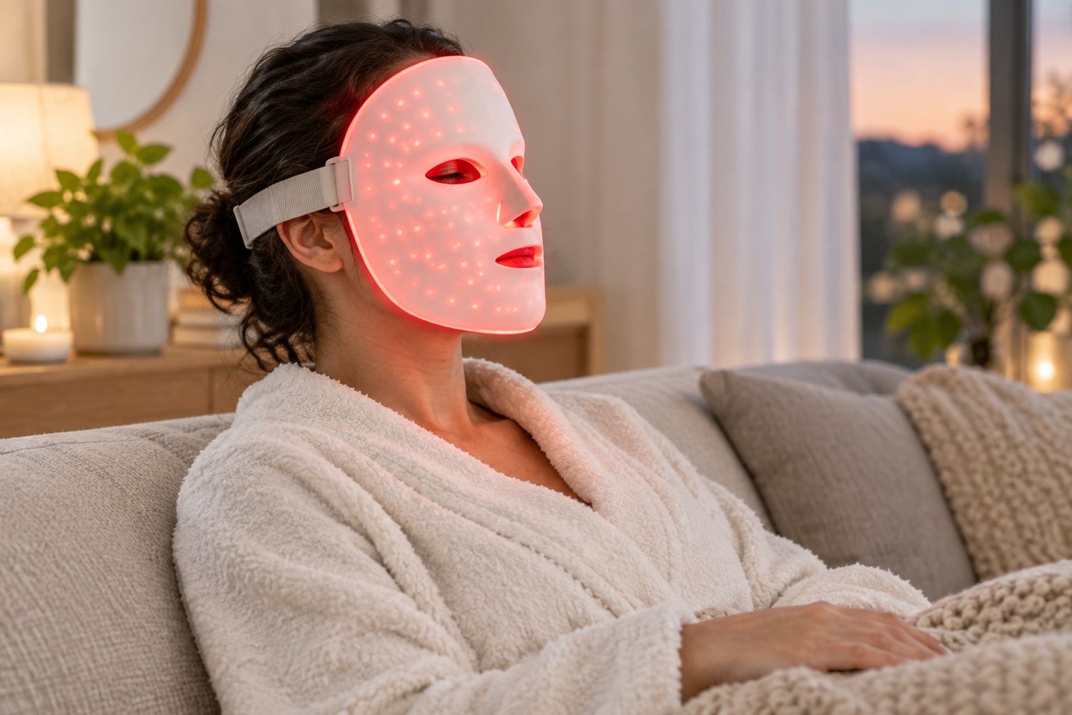 Person using a hands-free red LED face mask at home