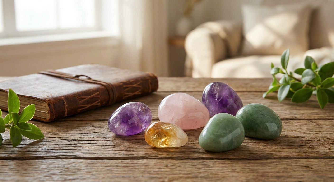 Colored polished stones beside an old book on a wooden table
